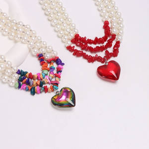 European American <b>Cross</b> Border Jewelry Pearl <b>Chain</b> Heart Pendant Necklace For Women Colorful Red Party Fashion Multi Layer - Product Image 1