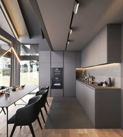 Îlot de cuisine avec bar à petit-déjeuner, armoire de cuisine sans poignée, finition grain de bois gris mat, stratifié PVC, panneau E1, ensemble de meubles sur mesure