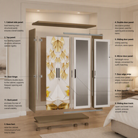 Armoire en acier à 3 portes coulissantes avec miroir, imprimé feuille de Ginkgo dorée, rangement pour chambre à coucher