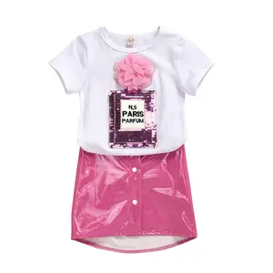 WHS100, Детская летняя одежда для маленьких девочек, белая футболка с коротким рукавом + мини-юбка из ПУ, комплект одежды