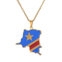 Pendentif Carte de la République Démocratique du Congo avec Drapeau Coloré Or/Argent, Colliers RDC Kinshasa, Bijoux Ethniques