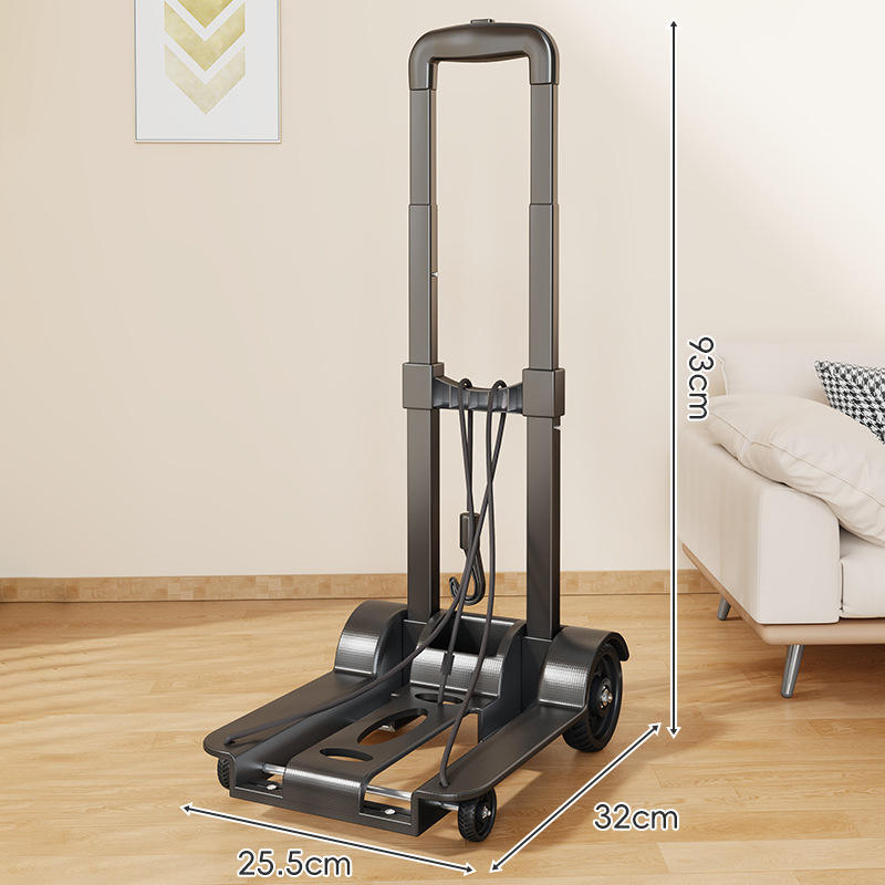 Foldable portable four-wheeled trolley with push-button handle