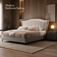 Luxuriöses Polsterbett mit Flügelkopfteil, Oberseite aus Leder, Cremeweiß, Moderne Schlafzimmermöbel, Nachttisch, Holzrahmen