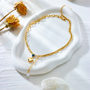 European American Style Heart Pendant Necklace Stainless Steel Gold Tone Pearl Blue Stone Chain Gift Jewelry N2260 - Product Image 3