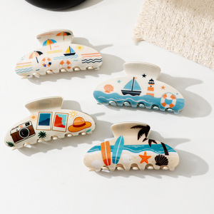 Pince à cheveux en acétate tendance pour l'été et les vacances à la plage, motif <span class=keywords><strong>phare</strong></span>, voilier et surf, taille moyenne, pour femme - Product Image 3