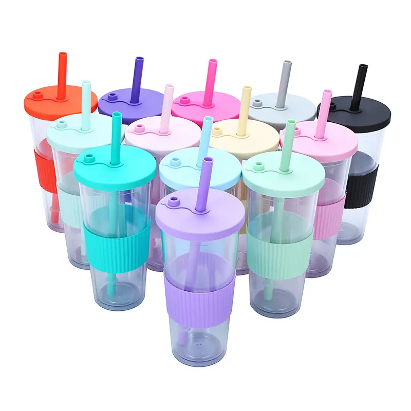Bicchiere per succo a doppia parete trasparente colorato economico da 24 once bicchieri in plastica riutilizzabili a tenuta stagna senza bpa con coperchio e cannuccia