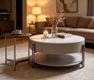 Modern Round <b>Marble</b> <b>Top</b> Coffee <b>Table</b> With Storage Wood Metal Frame Living Room Furniture - Product Image 2