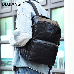 Dujiang Genuine Leather Men's <b>Backpack</b> <b>Black</b> Large Capacity Casual Travel Commuter Bag - Product Image 1