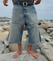 Shorts en jean longs pour hommes, style vintage, double genou, effet usé, délavé à l'acide, personnalisés