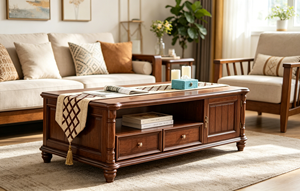 Traditional Wood Coffee Table with Storage Drawers and Shelf Modern Design Multi-Purpose Living Room Furniture - Product Image 4