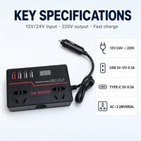 Convertisseur de courant pour voiture 150W 12V/24V vers 220V avec ports de charge rapide, chargeur automobile portable, convertisseur de courant 4 ports USB, chargeur de voiture