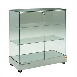 Vitrine de comptoir HZA 93x46x90cm gris clair, portes battantes verrouillables, 2 étagères, base à roulettes dissimulées - Product Image 2