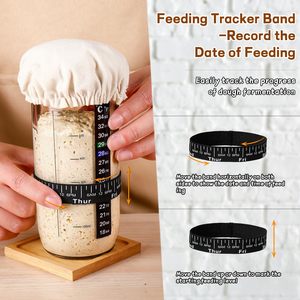 Pot en verre de 24 oz pour levain avec bande de marquage de date, thermomètre, spatule en silicone, couvercle en tissu cousu et couvercle en aluminium - Product Image 4