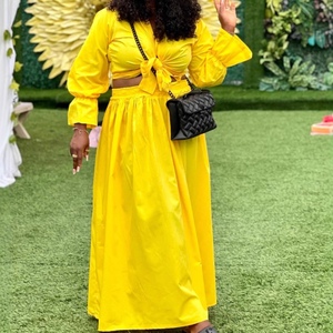 Sexy Women's Solid Collar Sleeve <b>Tie</b>-Front Shirt Long Dress African New Style Casual 2-Piece <b>Set</b> Fashion - Product Image 2