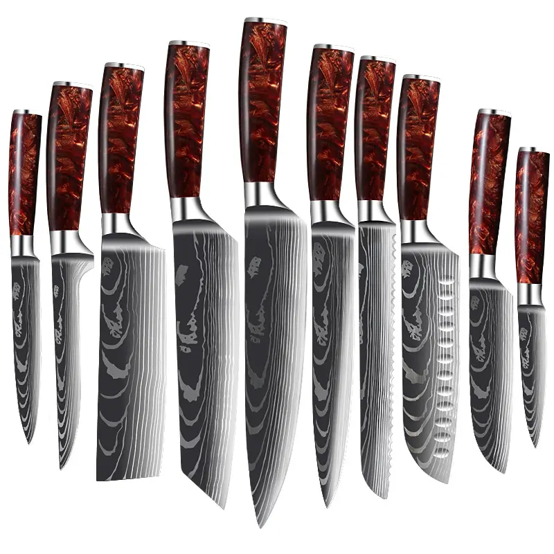 10 Pcs Kitchen Knives Set Laser Damascus Pattern Stainless Steel Red Resin Handle Kiritsuke Boning Bread Santoku Chef Knife