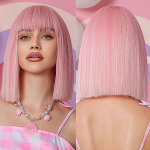Peluca sintética de Bob rosa con entrega inmediata para mujer, pelucas cortas y rectas con <span class=keywords><strong>flequillo</strong></span>, fiesta de pelo falso de Cosplay de colores rosas - Product Image 1
