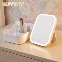 Miroir de maquillage LED de bureau avec boîte de rangement, alimentation 4 piles AAA/Type-C, lumière tactile 3 couleurs, grossissement 1X, miroir de maquillage avec rangement