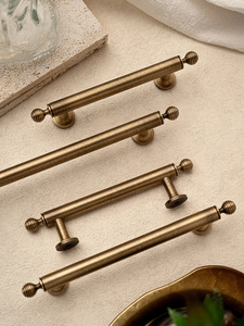 Modern Antique Brass Cylindrical Pull Handle with Knurled Finials &amp; Grooved Round <strong>Knob</strong> for Kitchen Wardrobe - Product Image 3