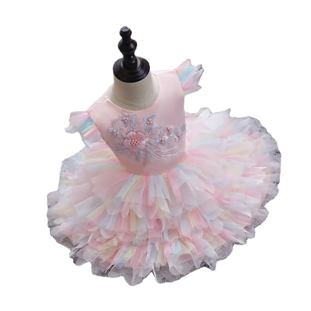 2022 Korean Style Fluffy Lovely Flower Kids Girl Dress Colorful Baby Girl Birthday Dresses for 1 Years Old Pink Girls Tutu Dress