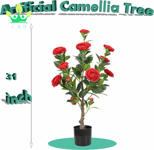 Camelia con fiori rossi costruiti in vaso nero piante artificiali fiore albero finto floreale pianta di camelia - Product Image 5