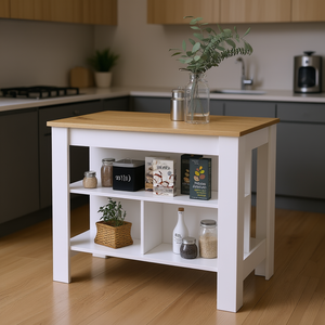 Isola da Cucina Dozza con Tre Ripiani, Finitura Bianco Rovere Chiaro, Arredamento Moderno per Cucina - Product Image 2