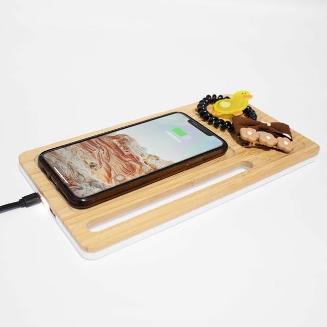 Wireless Charger Storage Box with Bamboo Top Convenient Desk Organizer for Battery Storage