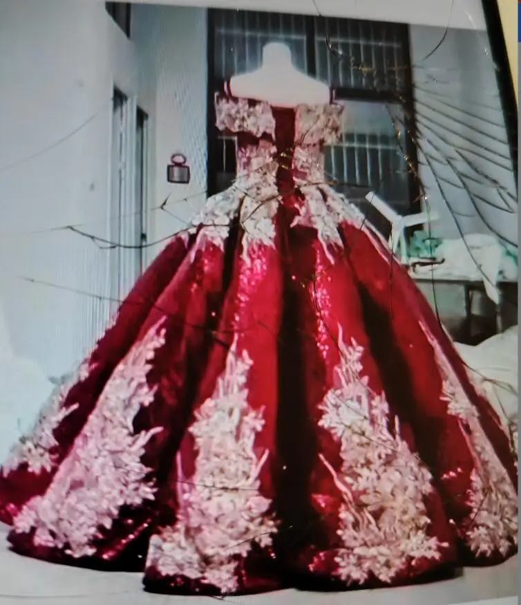VeraQueen Girls Off-Shoulder Beaded Pageant Dress - Burgundy Princess Gown