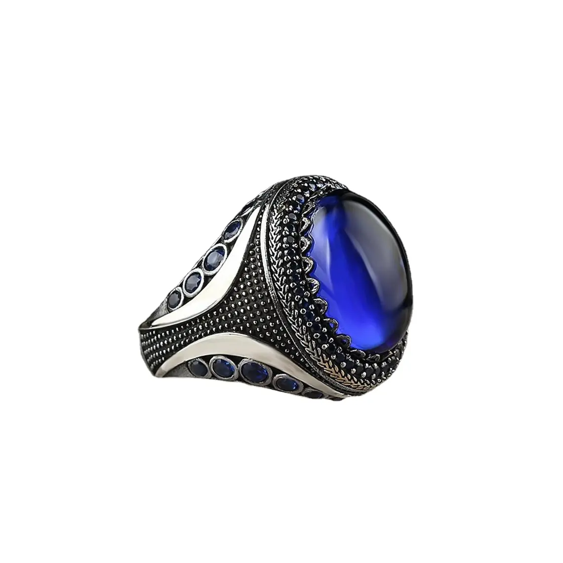 Vintage Punk Style 925 Silver Sterling Natural Big Blue Cubic Zircon Retro Thai Silver Ring Ladies Turkish Jewelry