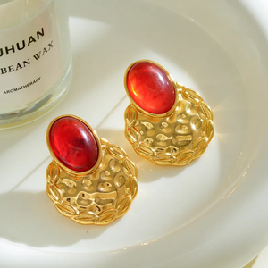 Boucles d'oreilles clous ovales en résine martelée, plaquées or 18 carats, en acier inoxydable 304, électroplaquées sous vide, style décontracté et simple pour femmes - Product Image 4