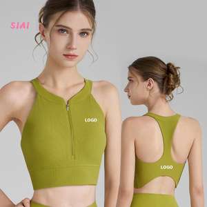 Women Plus Size Knitting Rib Sports Bra with Shockproof Front Zipper Medium Support Removable <b>Pads</b> for Yoga Gym <b>Running</b> - Product Image 1
