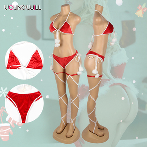 Ensemble de lingerie de Noël sexy 4 pièces pour femmes, babydoll en dentelle rouge avec string, jarretière et bas, lingerie pour femmes - Product Image 6