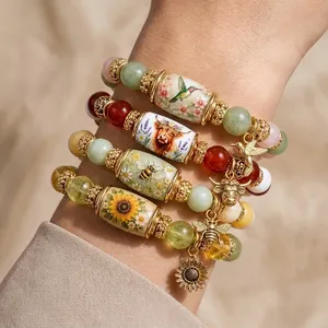 Bracelet perlé RINHOO avec breloques inspirantes et signifiantes pour femme, motif colibri, tournesol, abeille, oiseau, bracelet extensible, bijou cadeau - Product Image 6