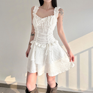 Nuevo Vestido Mini de Encaje Ecológico para Mujer, Verano 2026, Manga Corta, Cintura Fruncida Texturizada, Corte en A, Casual para Diario - Product Image 6