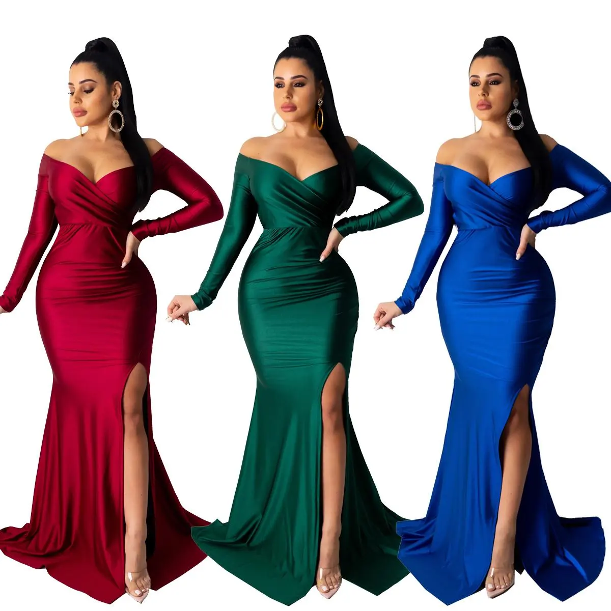 Wholesale Satin Silk Long Sleeve Split Club V-neck Bodycon Dress Maxi Evening Women Dresses