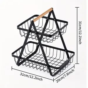 Double Wire Trays Kitchen Storage Stand Basket Countertop 2 Tier Fruit Basket with wood Handles