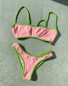 Pakaian Renang Desain Kustom Kain Terry Garis Leher Lurus Bralette Potongan Dasi Belakang Bikini Thong Bikini Dasar