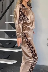 New Leopard Print Color-Block Long-Sleeve Top and <b>Pants</b> Homewear Casual 2-Piece Set Fashion - Product Image 5