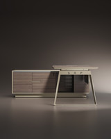 Bureau de direction en forme de L avec armoire latérale, poste de travail exécutif robuste en bois, table de directeur général