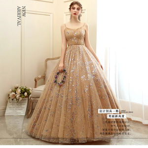 Evening Gown Ball Gown Khaki Floral Print Chiffon Sweetheart Neckline Natural Waist Long Dress For Hosting Singing Performance - Product Image 3