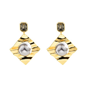 Geometric Gold Drop <b>Earrings</b> With Imitation Pearl Bezel Setting For Women Party Fashion Jewelry - Product Image 5