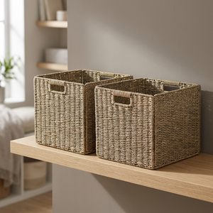 Lot de 2 paniers de rangement carrés modernes en jonc de mer tressé à la main, organisateurs pliables en forme de cube pour étagères, papier toilette et décoration intérieure - Product Image 2