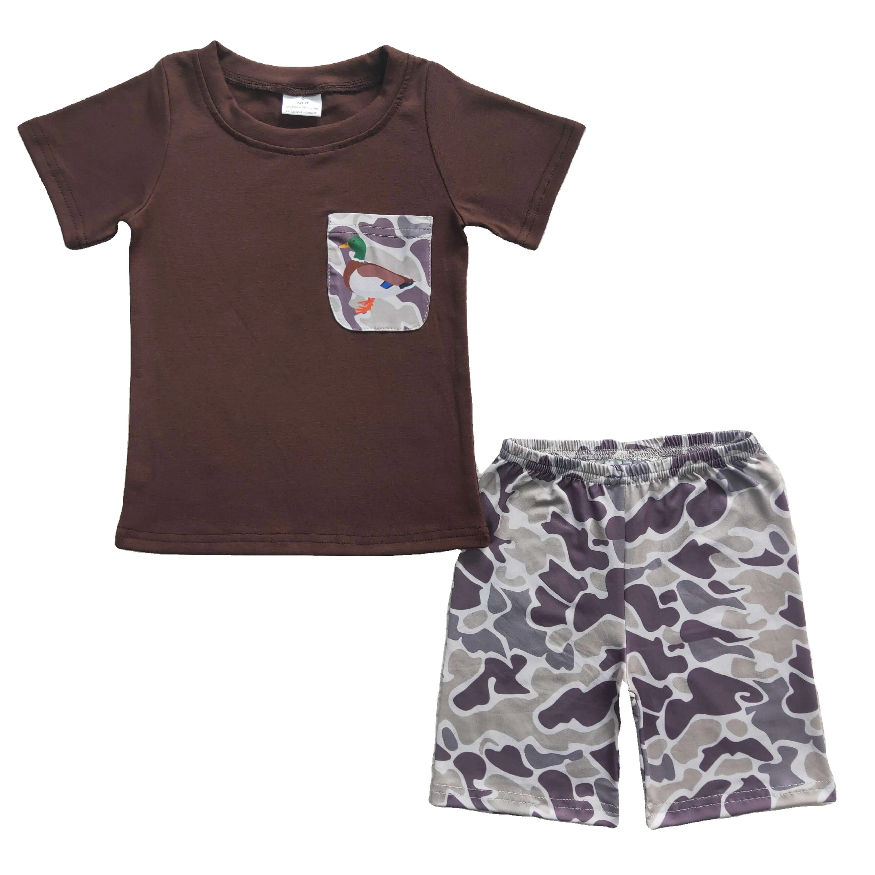 Brown Duck Camo Pocket Großhandel Sommer Western Cool Kurzarm Shirt Shorts Set Fashion Boys Kinder Boutique Kinder kleidung