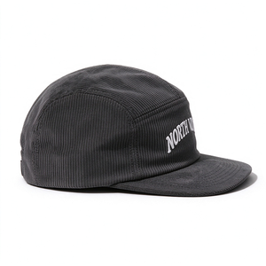 Casquette de camping unisexe en velours côtelé à 5 panneaux, style vintage, visière plate, broderie 3D en relief, gris uni, sangle réglable, style décontracté urbain - Product Image 5