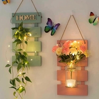 Hiasan Dinding Kayu Nordik dengan Lampu LED Firefly & Bunga Buatan, Vas Gantung untuk Dekorasi Kamar Tidur Asrama.