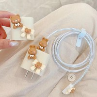Oso DIY lindo dibujos animados funda de cargador de silicona para Apple iPhone cabeza cubierta 18W 20W 3D cargador Cable Protector casos organización