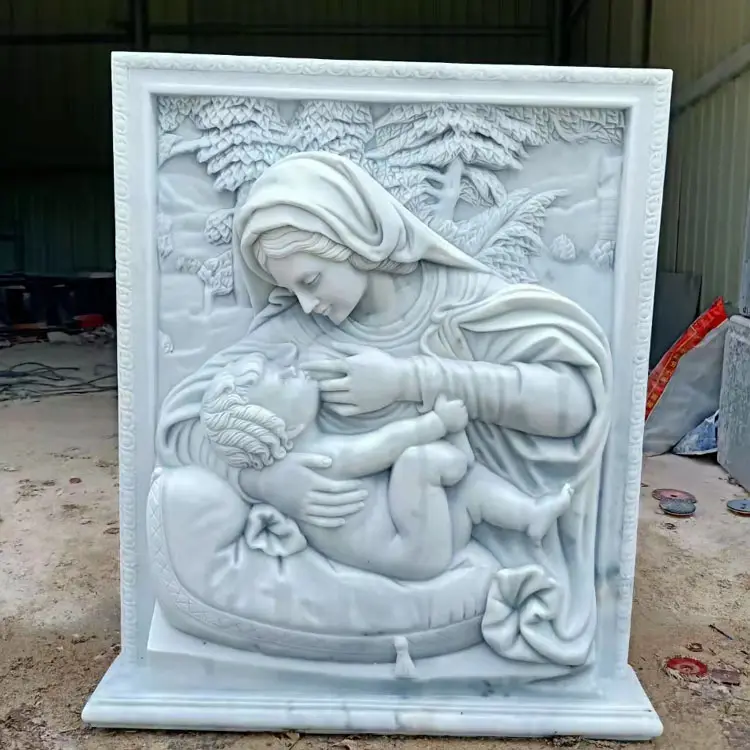 Escultura de mármol blanco tallado para pared, escultura de alivio de la Virgen María con el bebé, Jesús
