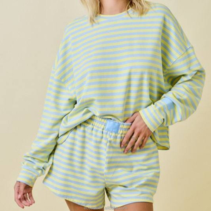 Manufacturer Custom Autumn <strong>Women's</strong> Striped Terry Loose <strong>Long</strong> Sleeves Crewneck Sweatshirts Pullover <strong>Shorts</strong> Two Piece Set for <strong>Women</strong> - Product Image 1