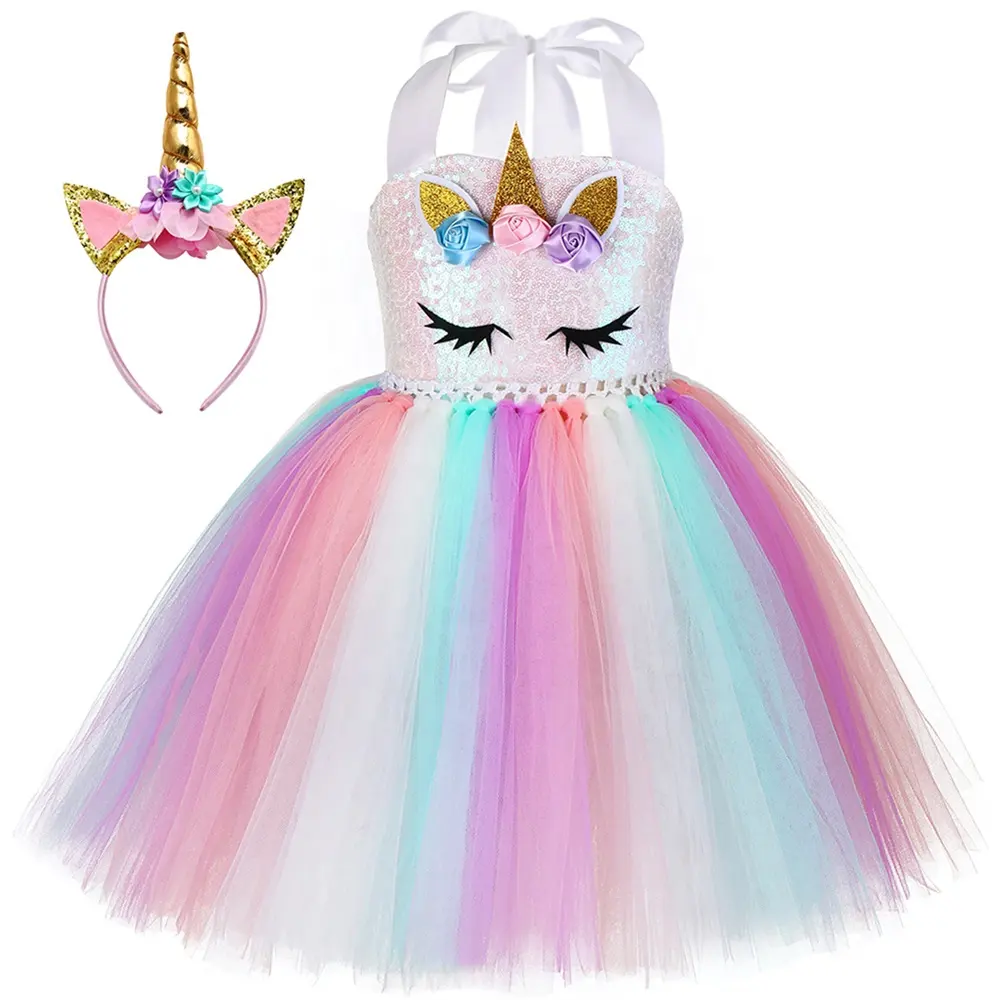 Geburtstag Geschenk Regenbogen Einhorn Party Prinzessin Tutu Kleid Up Kleidung Kostüm für Mädchen 1-8Y mit Stirnband