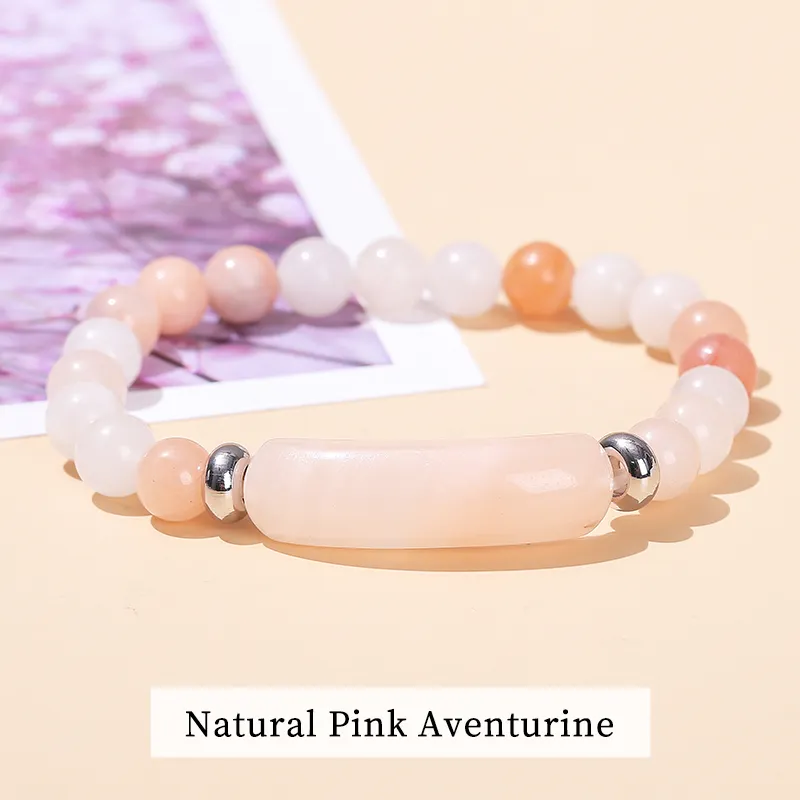 Hot Sale Natural Rose Quartz Crystal Energy Stone Beads Stretch Bracelet Pink Quartz Rectangle Bar Bracelet