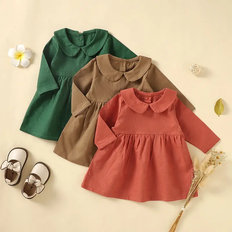 Peter Pan Collar Back Button Placket Long Sleeve Organic Cotton Linen Princess Knee Length Baby Dress Girls